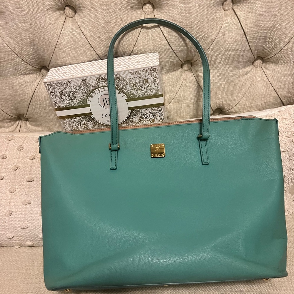 MCM Teal Tote Bag with Gold Accents